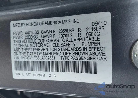 2020 Honda Accord Sport z USA, uszkodzony, nr VIN 1HGCV1F33LA002881